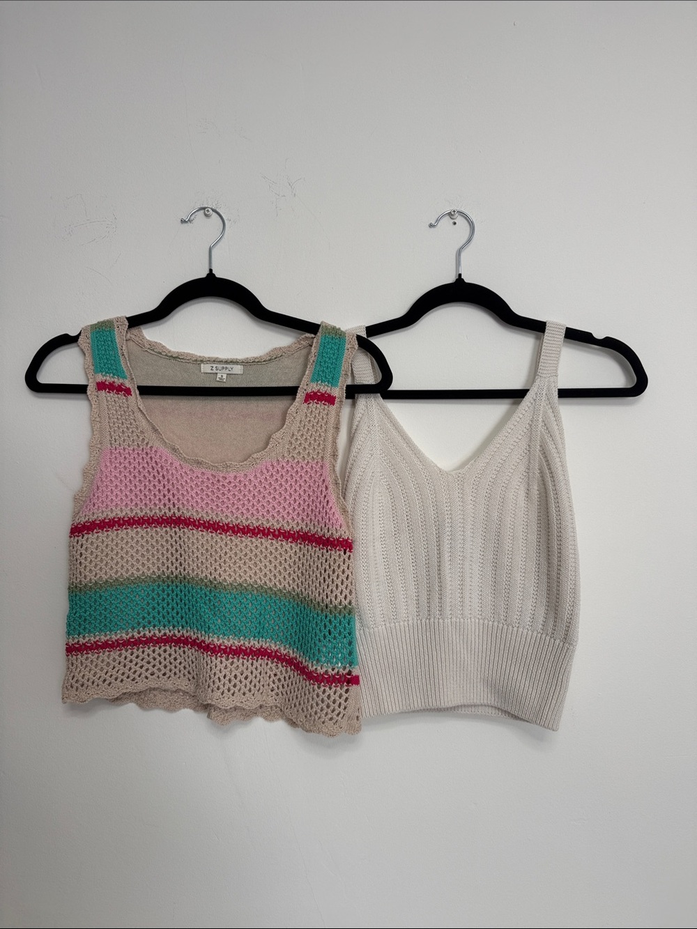 2 for $10!! Beige Open-Knit Crop Top with Pink & Teal Stripes + Knit cream Tank